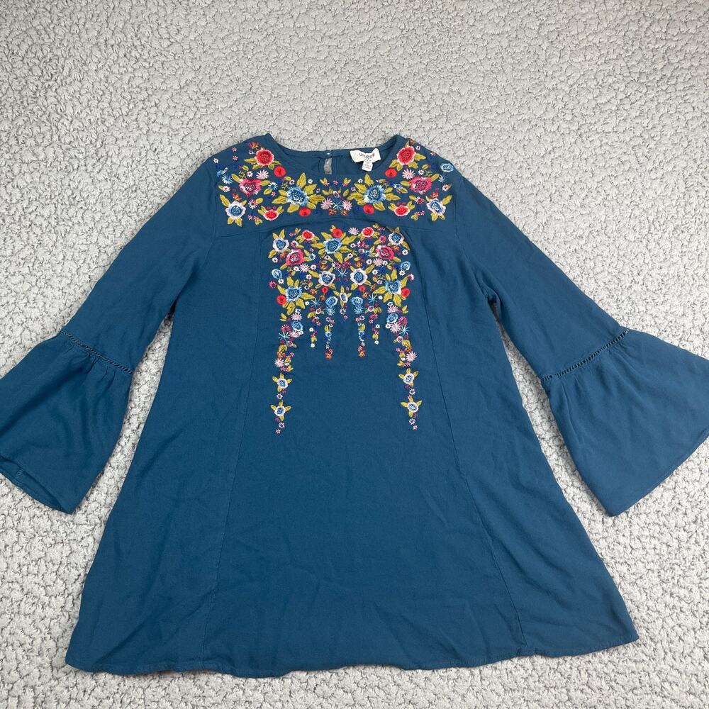 Umgee Top Womens M Blue Floral Embroidered Hippie Festival Flare Sleeve Blouse